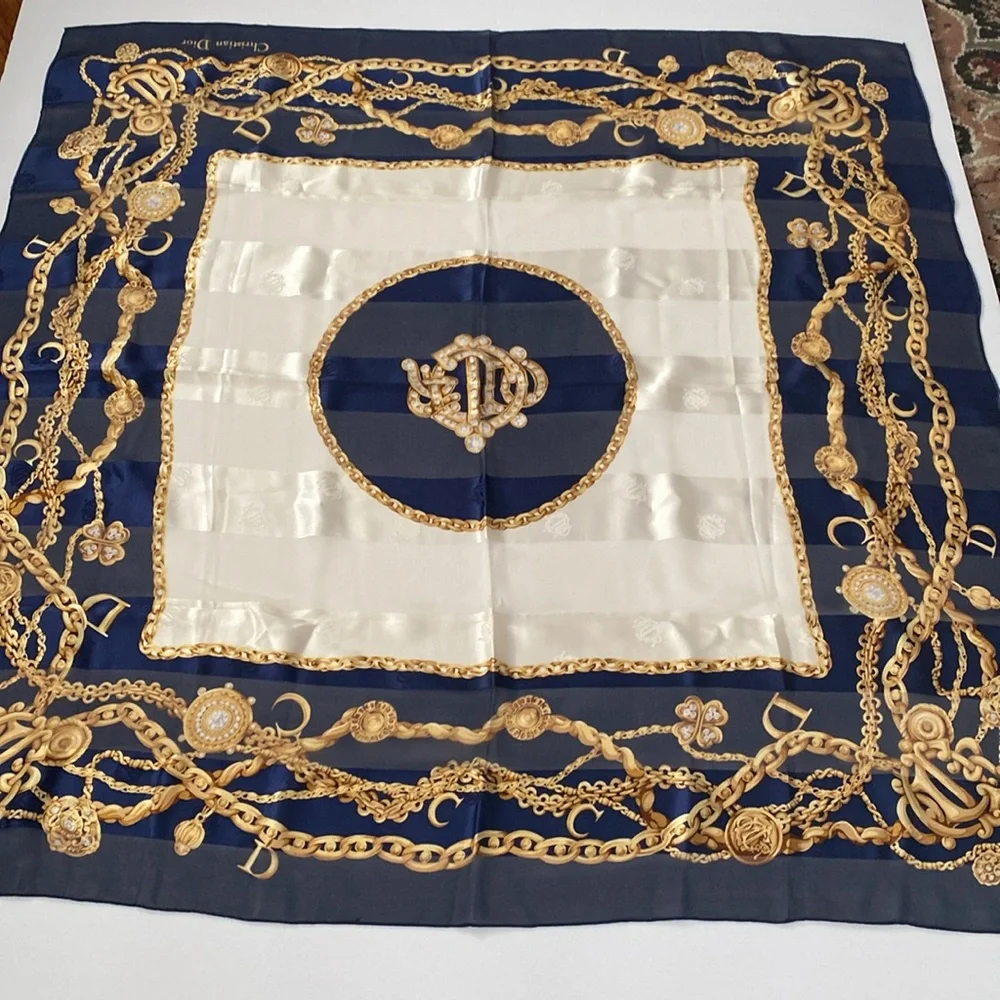 Christian Dior 100% silk scarf. Deep rich, navy blue gold cream color 34 x34